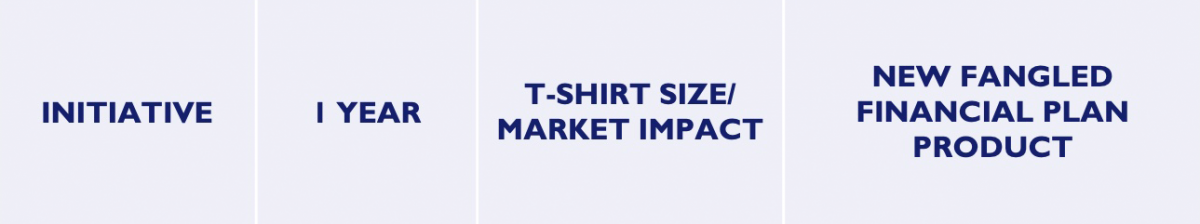 Initiative, timebox 1yr, measured by market impact. An example would be a new fangled financial plan product